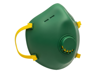 Isolated green half-face respirator with yellow straps for personal protection or workplace safety