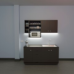 Modern compact built-in kitchen with open shelves, a microwave, and a clean sink area. Soft LED lighting enhances the minimalist look. This 3D render, created in blender, is ideal for interior design.
