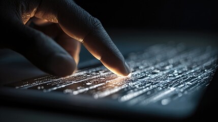 Finger touching illuminated futuristic screen activating data transfer and security access.