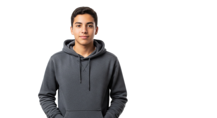 Approachable young male student wearing a comfortable grey hooded sweatshirt standing confidently isolated on transparent background