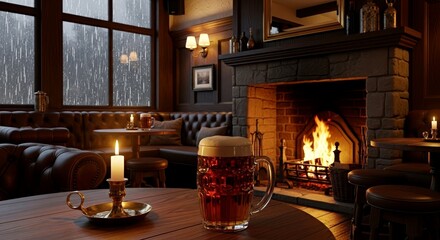Cozy pub interior with beer and candlelight by the fireplace  