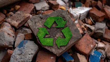 419Macro shot of recycling icon on top of broken bricks, cement fragments and debris around, red brick wall behind, textures detailed, symbolizing reuse of construction materials - Powered by Adobe