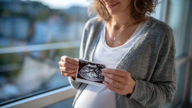 420Woman holding ultrasound picture over her belly, natural sunlight streaming through window, soft focus on facial expression, symbolizing hope and conception science