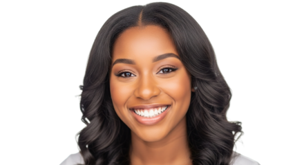 Beautiful happy young Black woman smiling confidently at camera isolated on transparent background portrait headshot