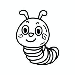 Happy cartoon caterpillar line art, smiling insect character worm outline isolated on white background, Vector, illustration