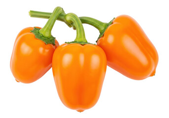 Isolated orange bell peppers with stems, grouped together on a clean backdrop, side view