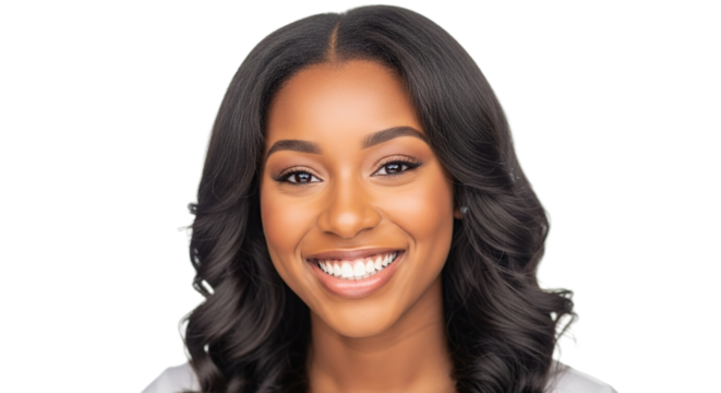 Beautiful happy young Black woman smiling confidently at camera isolated on transparent background portrait headshot
