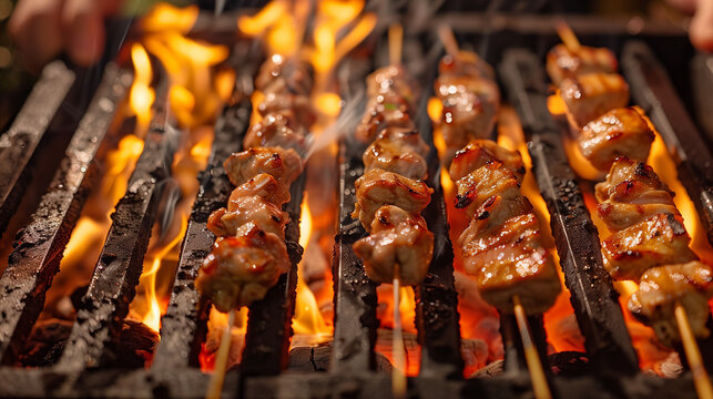 Espetinhos de carne assando na grelha com fogo intenso, trazendo clima de churrasco, sabor, confraterniza&ccedil;&atilde;o e gastronomia t&iacute;pica ao ar livre