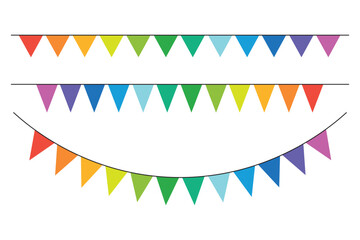 Obraz premium Bunting Flag Decoration. Colorful bunting flags birthday, celebration, carnival, anniversary and holiday party on white background. Decorative colorful party flags. Triangle pennants chain.