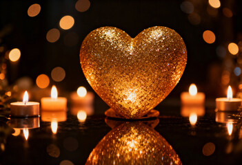 Glittering golden heart surrounded by soft glowing candles offers a romantic mood for Valentines Day designs