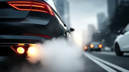 Black smoke from a car exhaust pipe on the road draws attention to air pollution issues and their effects on the environment.