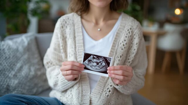 423Front view of expectant mother holding ultrasound picture, soft pastel-colored room, calm and hopeful atmosphere, emphasizing fertility treatment and conception concept