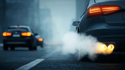 Black smoke from a car exhaust pipe on the road draws attention to air pollution issues and their effects on the environment.