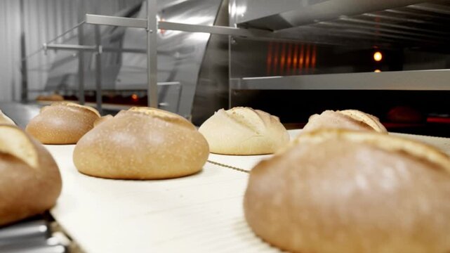 Industrial bakery production line proofing raw bread dough in factory, automated food manufacturing process showing fermentation stages, commercial baking preparation, modern equipment ensuring consis