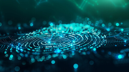 Futuristic fingerprint scan made of glowing particles and circular data lines, symbolizing cybersecurity, identity verification, biometric technology and secure digital authentication