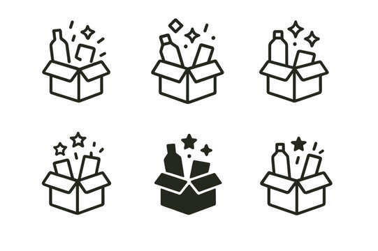 Creative Subscription Box Icons. Subscription boxes. Icon set. Set Logo of subscription boxes: box opening with surprise items. harmonious logo variations of