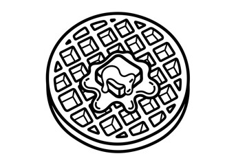 Black and white line art of a round waffle topped with melting butter