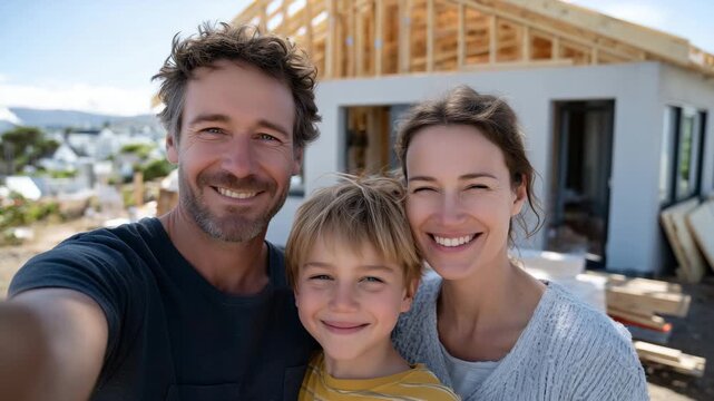 427Happy family taking selfie in front of sunroom addition, wooden framing and roof trusses clearly visible, modern house facade, construction materials subtly in background