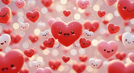 Cartoon hearts with smiling faces on soft pink background  