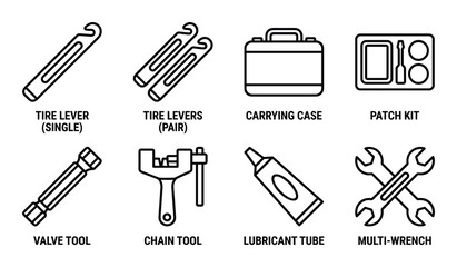 Outline set of bike repair accessories featuring single and pair tire levers carrying case patch kit and valve tool