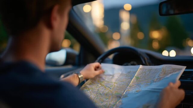 430Side view of man examining folded map while seated in car, city streets ahead slightly blurred, casual road trip ambiance, steering wheel and interior partially visible