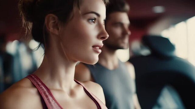A woman in a fitted athletic top is focused on her workout in a gym, surrounded by other individuals exercising intensely. The energetic environment showcases dedication and commit