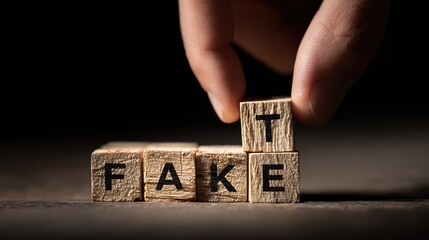 Human hand placing a wooden letter block 't' to transform the word fake into fact, close-up