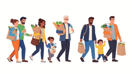 Obraz premium Diverse families and individuals happily walking with their fresh groceries after a successful shopping trip, embodying community and healthy living together