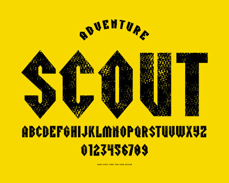Sans serif font with rough texture. Scout and adventure style. Letters and numbers for logo and emblem design. Black print on yellow background