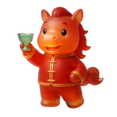 Cute 3D Amber Glass Horse toasting with wine cup. Happy Lunar New Year 2026 celebration mascot