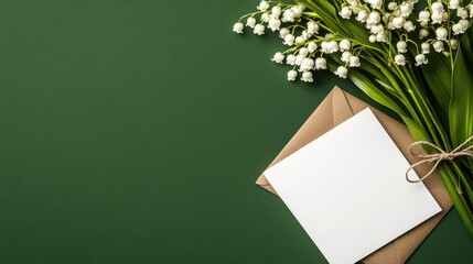 Beautiful arrangement of white lilies and a blank card on a green background ready for a thoughtful message or greeting