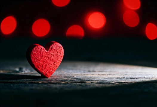 A small red heart stands alone on dark rustic wooden planks, illuminated by a warm spotlight and bokeh lights