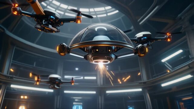 Futuristic Drone Swarm in a High-Tech Industrial Setting.