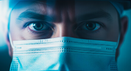 A focused gaze of the medical professional, capturing the intensity of medical world. A surgeon's concentrated eyes look towards the viewer with an expression of hope and precision.