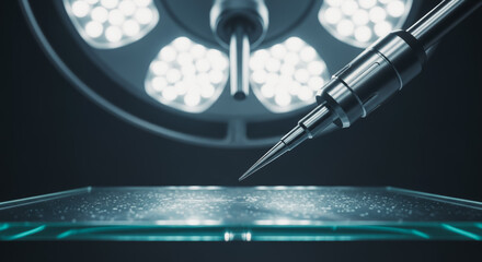 An advanced surgical setting with sterile precision, highlighting a precise surgical tool under a powerful operating room light.