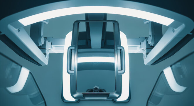 Futuristic spacecraft cockpit design featuring minimalist aesthetic with clean lines and a sense of technological advancement. The lighting enhances the futuristic ambiance.