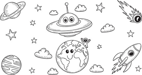 UFO earth alien icon set. Vector glyph pictograms of UFO, earth, alien, spaceship, and extraterrestrial silhouettes