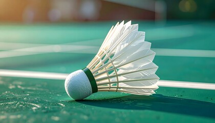Close-up shuttlecock is isolated on a green background for the active sport
