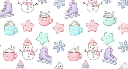 Cute winter holiday pattern with snowflakes, mugs, and ice skates  