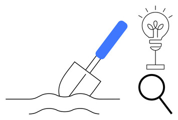 Shovel breaks ground, light bulb sprouts plant, magnifying glass emphasizes exploration. Ideal for growth, innovation, research, sustainability, ideas discovery conceptual creativity. Simple flat