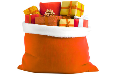 PNG image of  An orange sack filled with colorful christmas presents and topped with white fluffy trim visible