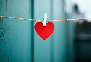 Red heart shaped paper note held by a white clothespin on a string in front of a teal wooden wall