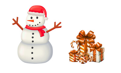 PNG image of  A cartoon snowman with a red hat and scarf standing next to a stack of christmas gifts and candy canes
