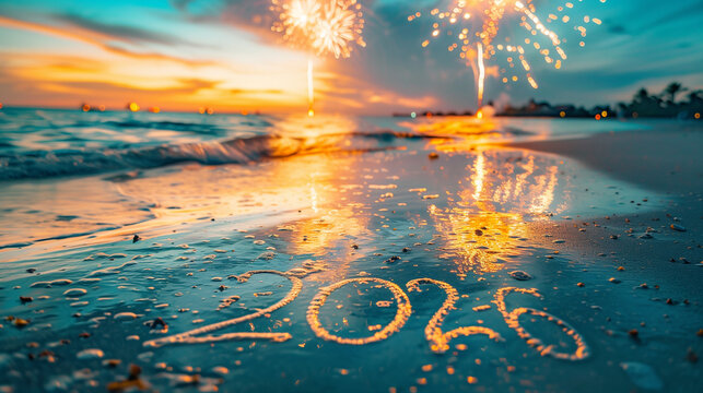 Colorful fireworks illuminate the beach at sunset with &ldquo;2026&rdquo; written in glowing light, capturing a festive New Year celebration, coastal atmosphere and joyful holiday energy