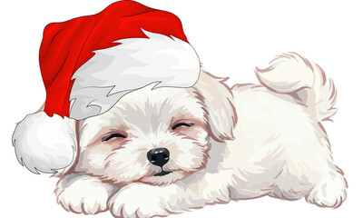 PNG image of  A sleeping white puppy wearing a red and white santa hat laying down on a white background art style