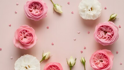 Beautiful pink roses and small hearts on soft pastel background, romantic floral flat lay for Valentine’s Day, wedding, or love celebration concept