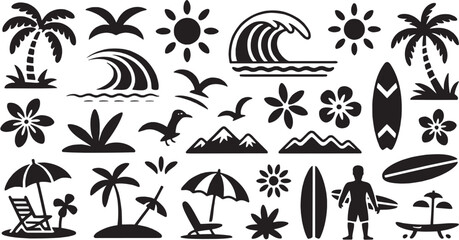 Beach and ocean holiday icon set. Vector glyph pictograms of beach, ocean, waves, summer, and vacation silhouettes