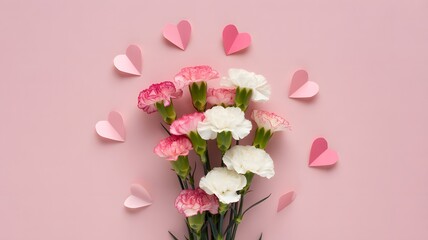 Beautiful bouquet of pink and white carnations with paper hearts on soft background, love, romantic holiday, and valentine’s day greeting flat lay