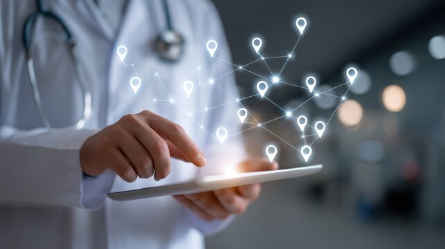 Physician networking healthcare locations using tablet, connected pin icons showing global services