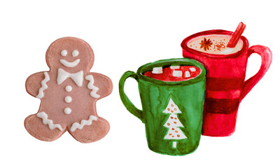 PNG image of A gingerbread man cookie with two mugs of hot chocolate on a black isolated background art style
